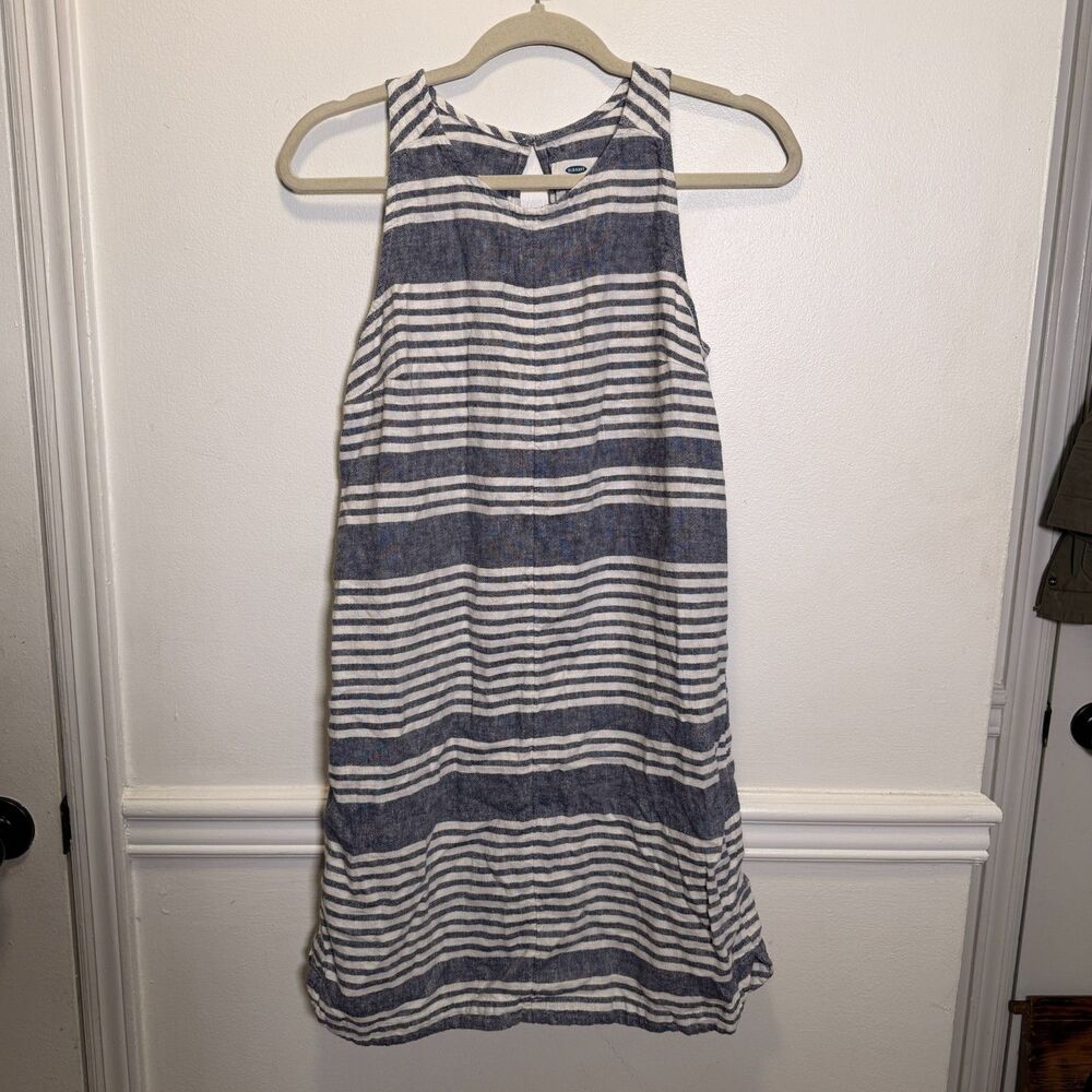 Old Navy Linen Blend Shift Dress M Blue White Stripe Coastal Nautical Sleeveless